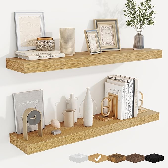 fuqing Floating Shelves for Wall, Bathroom Shelf Wall Mounted for Storage, Shelves with Invisible Bracket for Bedroom, Kitchen, Living Room, Farmhouse Small Book Shelf, 36 Inch Set of 2, Oak-Ruum Studio Home