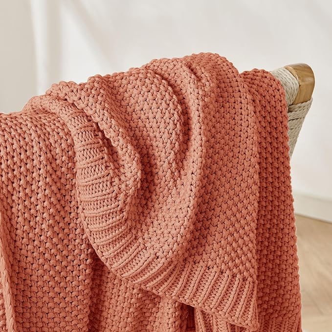 Joydeco Chunky Cable Knit Throw Blanket, Lightweight 100% Cotton Soft Cozy Throw Twin Blanket for Couch Bed and Sofa, Rustic Breathable Farmhouse Blanket Gift for Women Men(Burnt Orange, 51"x63")-Ruum Studio Home