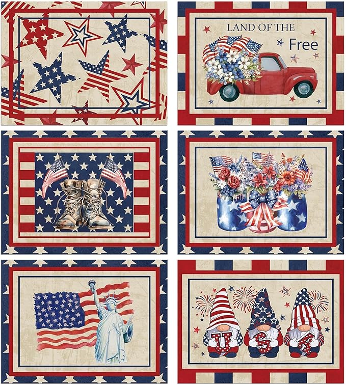 4th of July Placemats Set of 6 Patriotic Plastic Table Mats Independence Memorial Day Vintage America Flag Stars Stripe Place Mats Vinyl Table Decoration for Indoor Outdoor Party Kitchen Dining-Ruum Studio Home