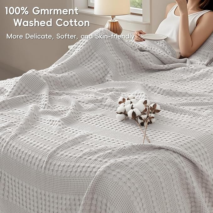 PHF 100% Cotton Waffle Weave Blanket King Size, Soft Lightweight Breathable Cozy Summer Blankets for Bed, Luxury Aesthetic Woven Bedding for Home Decor, 108"x90", Light Grey-Ruum Studio Home