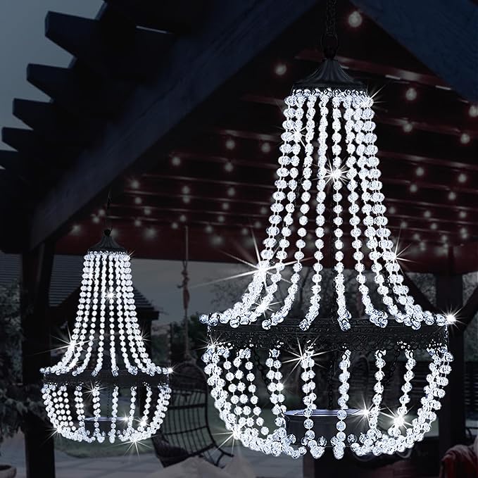 Hanging Solar Chandelier Outdoor, 30 Cool White Lights Acrylic Clear Beaded Chandelier with S Hooks Modern Lantern for Garden Yard Patio Gazebo Decorations, 28”H-Ruum Studio Home