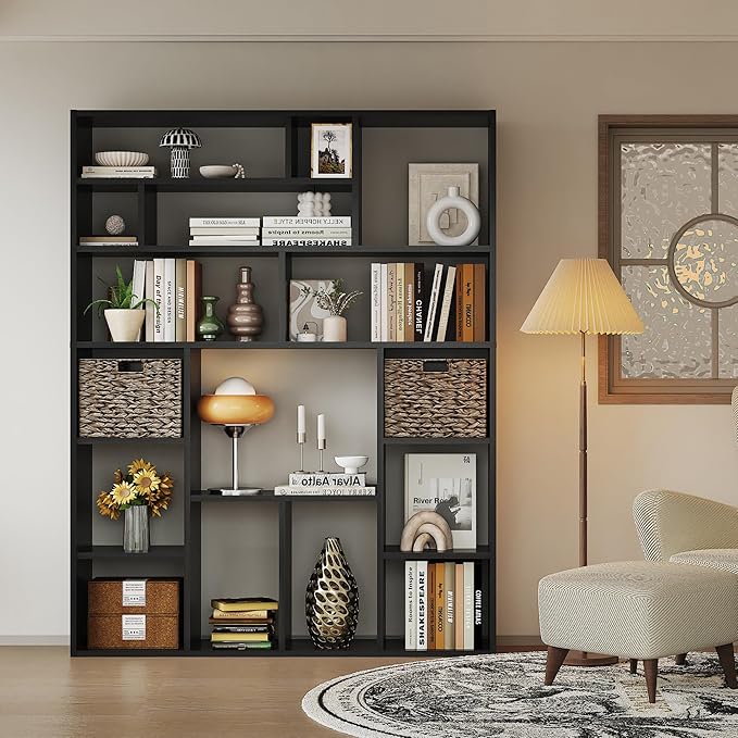 71” Tall Open Black Bookcase with Baskets, Free-Standing 6-Tier Wooden Display Storage Bookshelves with 16 Irregular Cubes for Living Room, Home Decor-Ruum Studio Home