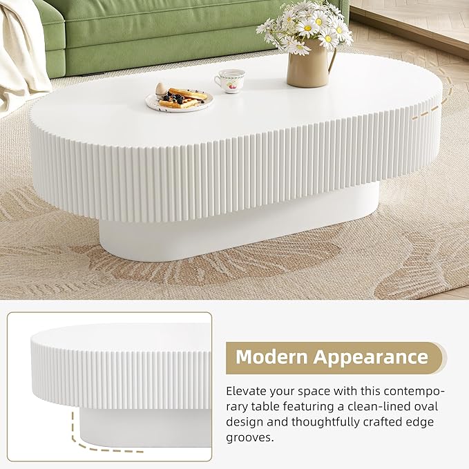 43.3" Oval Fluted Coffee Table Modern Elegant Drum End Table, Minimalist Center Table 7.8" Thick Tabletop with Sturdy Base for Living Room, Bedroom, Apartment,Easy Assembly, White-Ruum Studio Home