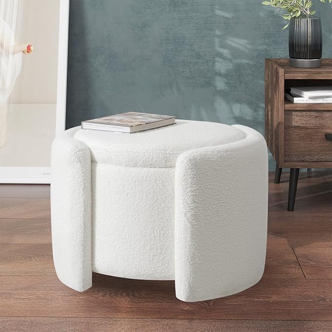 Furniliving Upholstered Button Tufted Round Ottoman, Ottoman with Storage, Teddy Footrest Stool, Removable Lid Convenient Footstools, Bedroom Ottomans with Storage for Vanity, Living Room, White-Ruum Studio Home