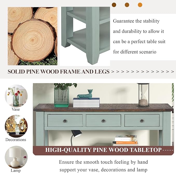 Solid Wood Console Table Sofa Table with Storage Drawers and Bottom Shelf Entryway Table for Entry Hallway Foyer Sofa Couch Table,Fully Assembled (48.8" Green)-Ruum Studio Home