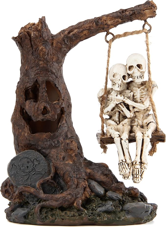Halloween Skull Statue with Spooky LED Light for Holiday Decorations, Halloween Decor with Romantic Skeleton Couple on Swing Tombstone Tree, Grinning Skull Decor Props Haunted Collectible Gift-Ruum Studio Home