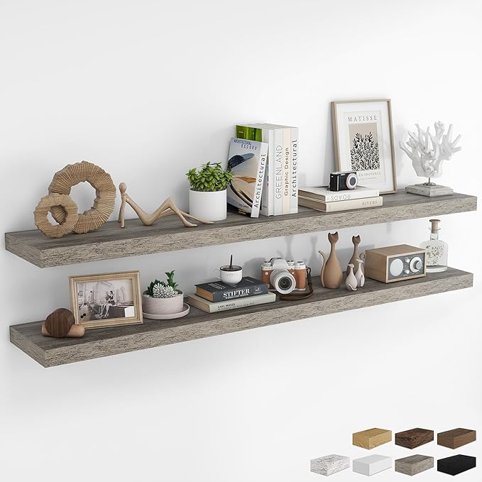 RICHFOCUS 72Inch Floating Shelves for Wall 2 Pack Shelves for Bedroom|Kitchen|Bathroom Wall Mounted Rustic Wood Floating Shelf with Invisible Brackets for Books|Storage|Decor, Grey-Ruum Studio Home