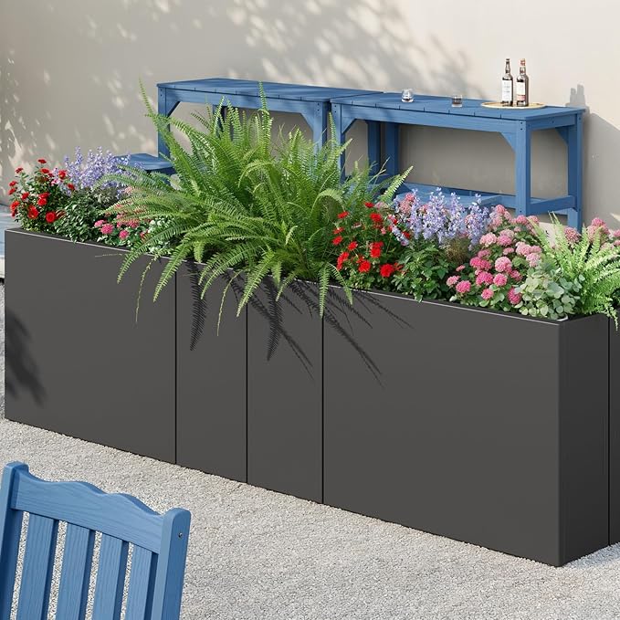 Stoog 38" Metal Tall Rectangular Planter - All-Weather Planter Box for Indoor/Outdoor Use, with Removable Insert Shelf, and Modern Design for Plants, Flowers, Garden, Black-Ruum Studio Home