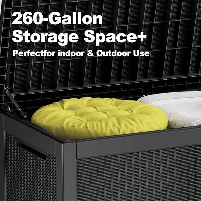 260 Gallon Deck Box XXL Large Outdoor Storage for Patio Furniture,Outdoor Cushions,Garden Tools and Pool Supplies,Waterproof,Resin,Lockable(Black Rattan)-Ruum Studio Home
