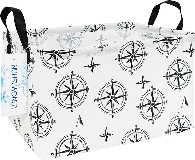 LANGYASHAN Rectangular Storage Bin Collapse Canvas Fabric Cartoon Storage Basket with Handles for Organizing Home Kitchen Boys and Girls Toys Office Closet Shelf Baskets (Rec Black Compass)-Ruum Studio Home