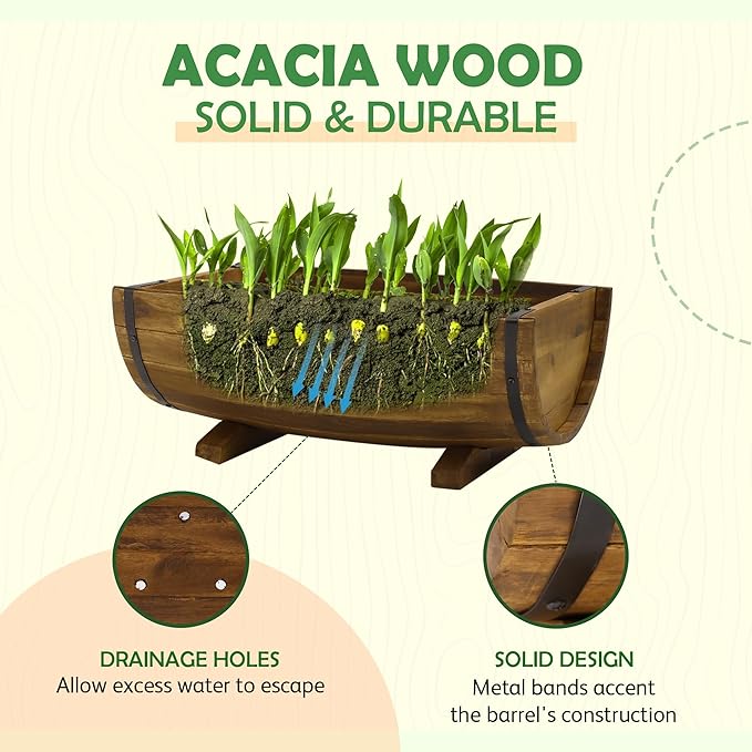 IDZO Solid Acacia Wood Half Barrel Planters Outdoor Set of 2 Different Sizes, Wooden Planters for Outdoor Plants with Metal Bands & Drainage Holes, Legs Included, Brown-Ruum Studio Home
