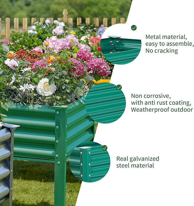 Land Guard Galvanized Raised Garden Bed with Legs, 96×24×32in Raised Garden Beds Outdoor with Drainage Holes, Planter Boxes Outdoor for Backyard, Patio, Balcony, 800lb Capacity, Green-Ruum Studio Home