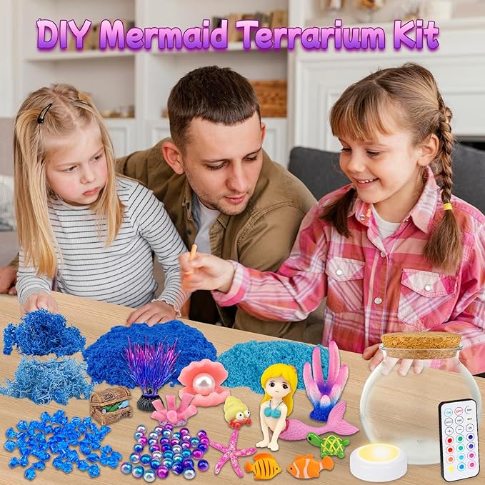 Mermaid Terrarium Craft Kit for Kids - LED Night Light Up & Remote Mermaid Birthday Gifts Toys for Girls Age 5 6 7 8 9 10 11 12 Year Old-Ruum Studio Home
