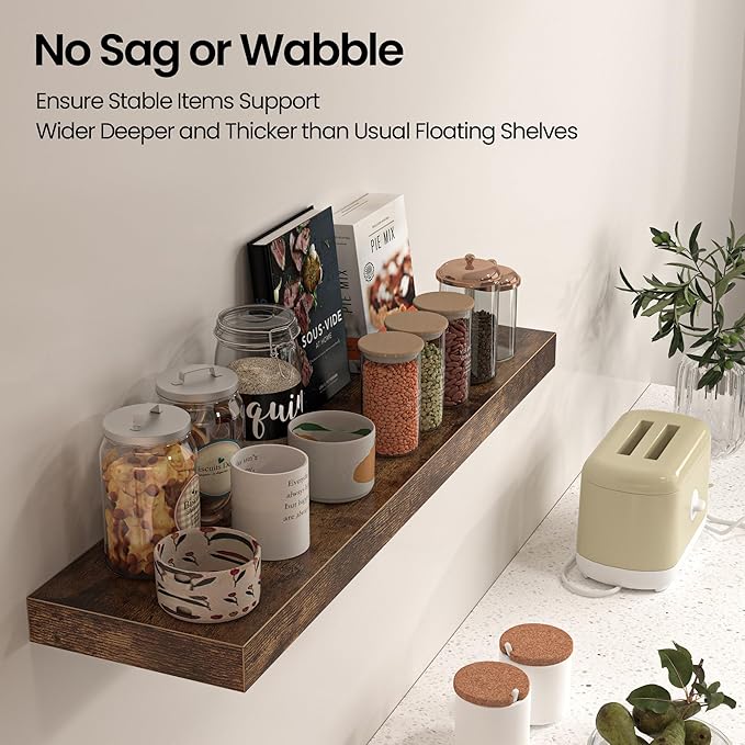 Floating Shelves for Wall, 40"W x 8"D x 1.5"H, Wooden Wall Mounted Display Shelves with Invisible Brackets for Living Room, Bedroom, Bathroom, Kitchen Decor and Storage, Set of 2, Rustic Brown-Ruum Studio Home