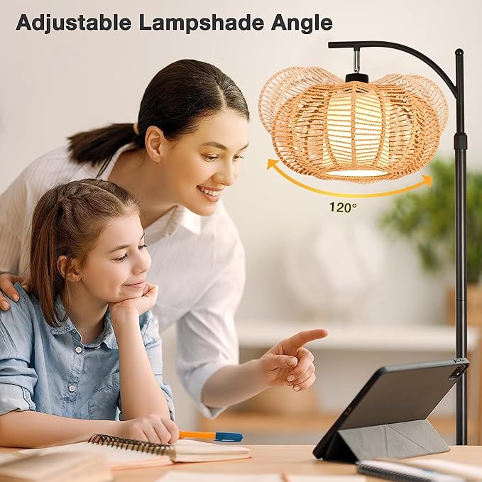Arc Floor Lamps for Living Room Bedroom Rattan Boho Floor Lamp with Remote Control,Dimmable Led Standing Lamp Wicker Lamp Shade Rustic Tall Floor Lamp Modern Flower Lamp for Bedroom Corner-Ruum Studio Home