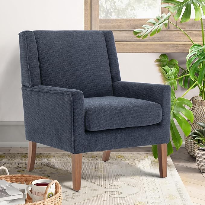 COLAMY Modern Wingback Living Room Chair, Upholstered Fabric Accent Armchair, Single Sofa Chair with Lounge Seat and Wood Legs for Bedroom/Office/Reading Spaces, Blue-Ruum Studio Home
