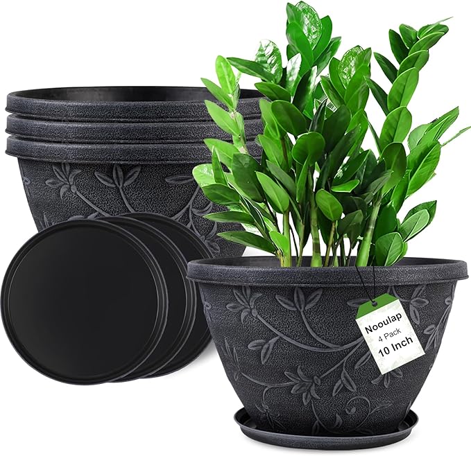 4 Pack 10 Inch Plant Pot for Outdoor Indoor, Plastic Flower Pots with Drainage Hole & Saucer, Lightweight Small Resin Flower Pot, Imitation Magnolia Planter Pots for Garden House（Gray）-Ruum Studio Home