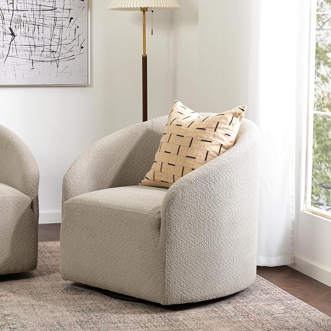 KINWELL 32" Wide Modern Boucle Swivel Barrel Chair, No Assembly Round Upholstered Swivel Accent Armchair for Living Room, Bedroom, Office (Oatmeal)-Ruum Studio Home