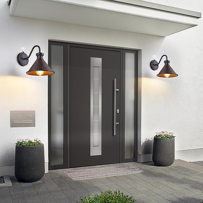 2 Pack Dusk to Dawn Outdoor Wall Light Fixtures Photocell Sensor, Exterior Sconce Light with Cast Hammered Aluminum Shade, Outside Wall Mount Lamp for House Patio Garage Entryway Doorway-Ruum Studio Home