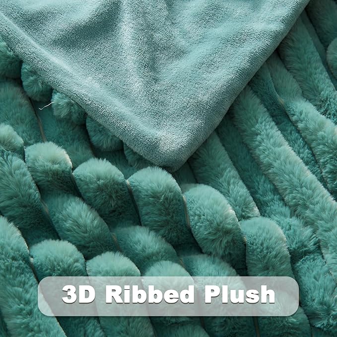 NEWCOSPLAY Faux Fur Throw Blanket Light Teal 3D Ribbed Plush Thick Warm Blanket for Couch Sofa Bed 850GSM (Light Teal Ribbed, Throw(50"x60"))-Ruum Studio Home