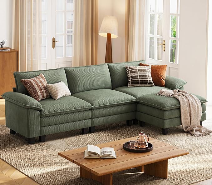 LINSY HOME Modular Sectional Sofa - 123'' Oversized Corduroy Cloud Couch L Shaped Couch with Movable Ottoman Soft Modern Comfy Sofa for Living Room Apartment Office, Green-Ruum Studio Home