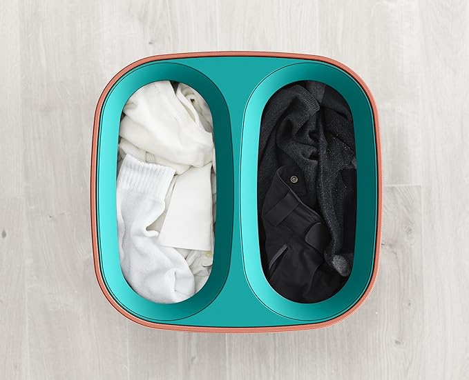 Joseph Joseph Tota Pop 60 liter/15.8 gallon Laundry Hamper Separation Basket with lid, 2 Removable Washing Bags with Handles- Coral/Green-Ruum Studio Home