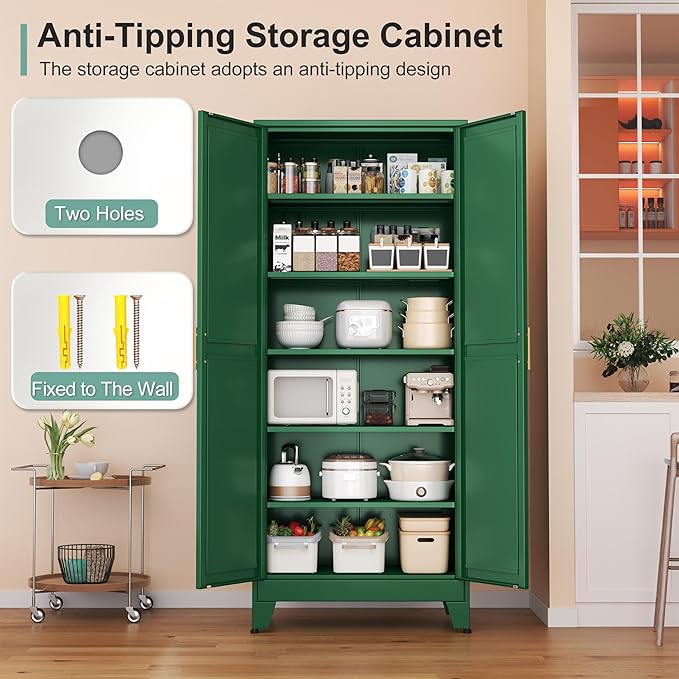 Metal Pantry Cabinet with 2 Doors and 5 Adjustable Shelves, 75" Kitchen Storage Cabinet with Gold Handles, Versatile Storage for Laundry, Living, Bathroom, Dining, Utility Room - Green-Ruum Studio Home