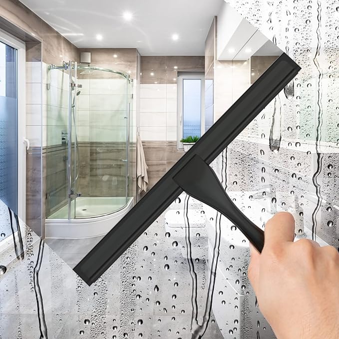 All-Purpose Stainless Steel Shower Squeegee for Shower Doors with 2 Adhesive Hooks, Bathroom Cleaner Tool Household Window Mirror Squeegee for Home Cleaning, Glass Door, Tile Wall, Car, 12 Inch Black-Ruum Studio Home