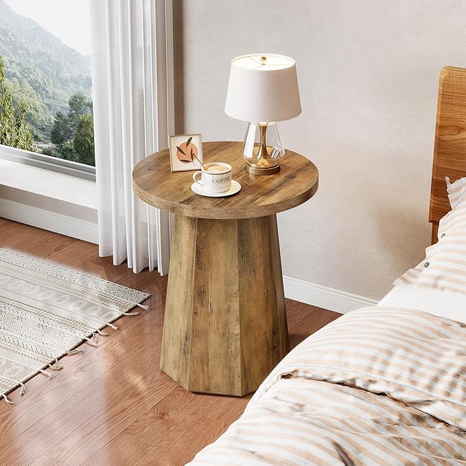 Tribesigns Round Pedestal End Table, Farmhouse Couch Side Table with Octagonal Base, Nightstand Accent Wooden Drink Stand (1, Rustic Brown)-Ruum Studio Home