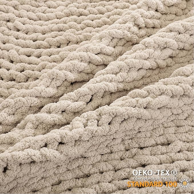 WESHIONGOO Chunky Knit Blanket Throw 40"×40" Knitted Throw Blankets for Couch Bed Fluffy Soft Blanket with Jumbo Chenille Yarn Thick 100% Handmade (Linen)-Ruum Studio Home
