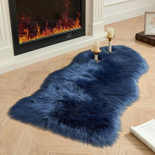 AMTOVO Faux Fur Rug, Dark Blue Area Rug, Fluffy Sheepskin Rug, Fuzzy Ultra Soft 2 x 4 ft Shag Rugs for Bedroom Sofa Throw Cushion Room Decor, Sheepskin-Ruum Studio Home