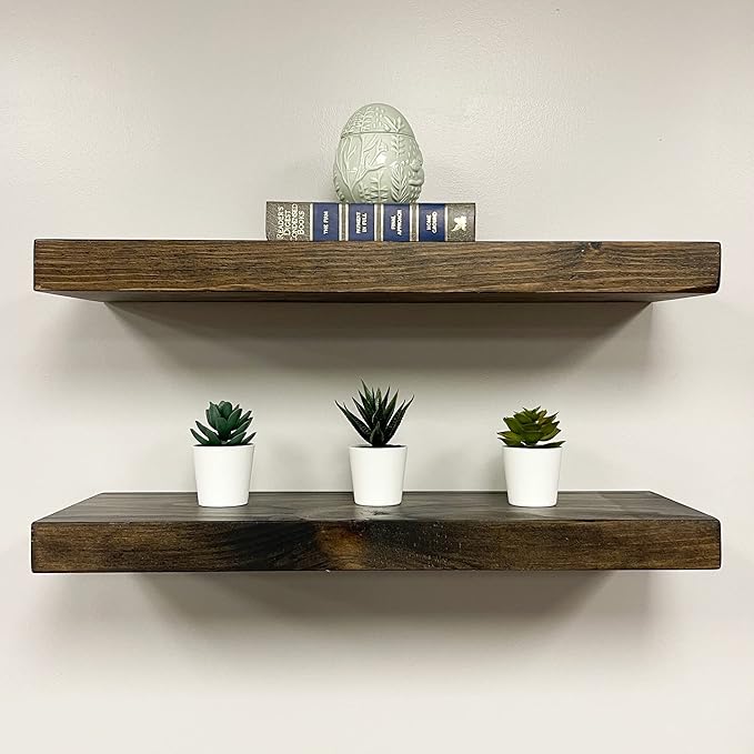 URBANDI, Rustic Floating Shelves, Set of 2, Hidden Bracket, Solid Wood, Heavy Duty, Wall Mounted Shelves, (Dark Brown, 36Wx12D)-Ruum Studio Home