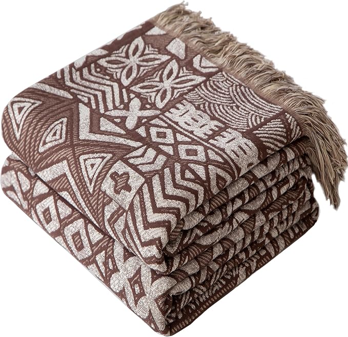 Boho Throw Blanket Full Size, Extra Large Soft Cozy Cotton Muslin Quilt Blanket for Bed Decor, Patchwork Block Couch Sofa Chair Cover, Vintage Farmhouse Cottage Woven Blanket, Brown&White-Ruum Studio Home