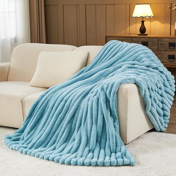 NEWCOSPLAY Faux Fur Throw Blanket Blue 3D Ribbed Plush Thick Warm Blanket for Couch Sofa Bed 850GSM (Blue Ribbed, Throw(50"x60"))-Ruum Studio Home