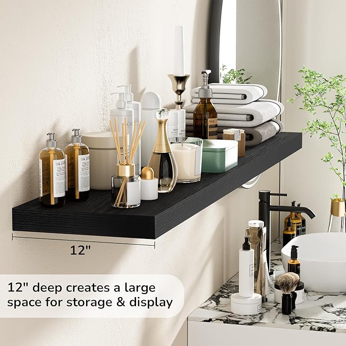 Fun Memories Floating Shelves - 12 Inch Rustic Wooden Wall Shelves - Extra Deeper & Thicker Wall Mounted Storage Shelf for Living Room, Kitchen, Farmhouse - 55" W x 12" D x 1.8" H - Rustic Black-Ruum Studio Home