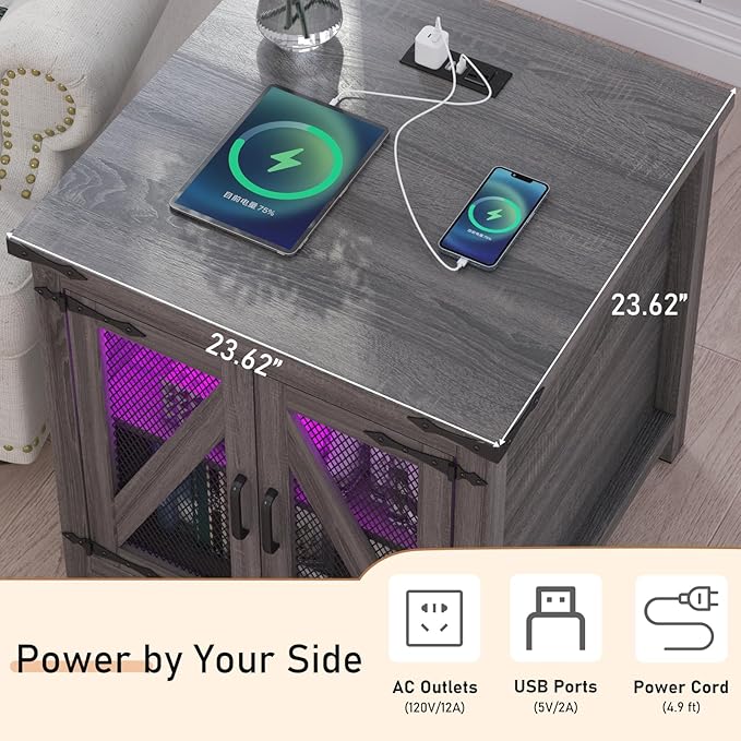 Farmhouse End Table, 24" Large Sofa Side Table with Charging Station, Mesh Barn Door, and Adjustable Storage Shelf, Rustic Wood Square Nightstand for Living Room, Bedroom, Office, Grey-Ruum Studio Home