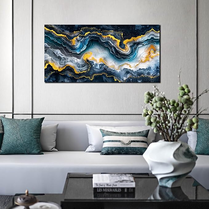 GUGIKA Abstract Wall Art for Living Room, Gold Black and Blue Canvas Wall-Art for Bedroom, Ocean Landscape Print Paintings, Size 40x20 Inches-Ruum Studio Home