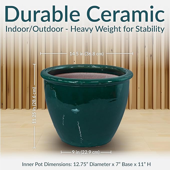 Sunnydaze Chalet Large Ceramic Plant Pot - Round Outdoor Glazed Ceramic Planter Pot with Drainage - Dark Green - 14.5"-Ruum Studio Home