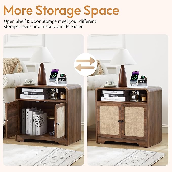 24" Large Side Table with Charging Station, Mid Century Modern End Table with USB/Type-C Ports, Curved Wood Nightstand with Storage & Natural Linen, Couch Side Table for Living Room Bedroom, Walnut-Ruum Studio Home