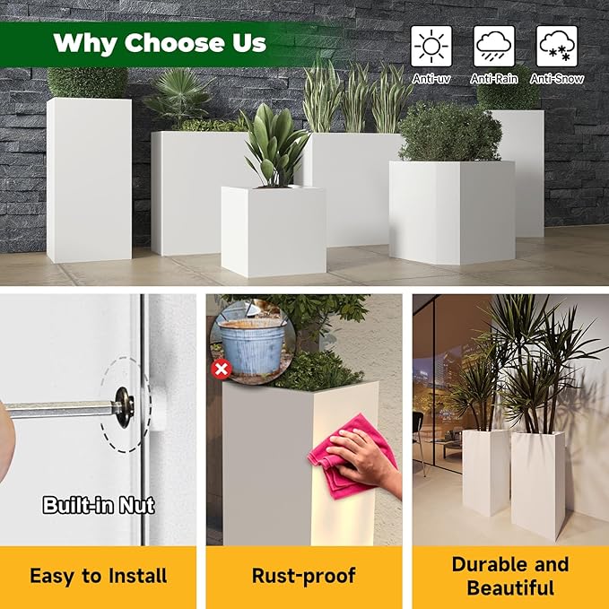 White Steel Metallic Heavy Planter for Outdoor Plants Box 14"x14"x30" Metal Planter Spliced Flower Pots with Partitions for Outside,Indoor,Garden (White, 14 * 14 * 30)-Ruum Studio Home