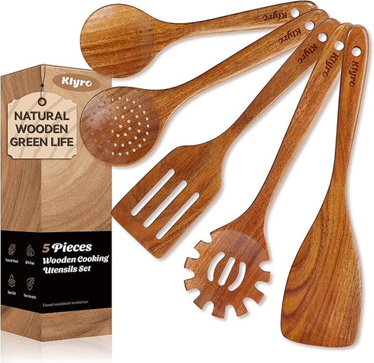 Teak Kitchen Utensils Set, 5 Piece Premium Wooden Cooking Utensils Set, Non-Stick Heat-Resistant Wooden Spoons for Cooking, New Apartment Essentials-Ruum Studio Home