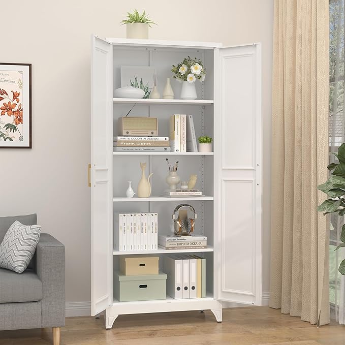 Kitchen Pantry Cabinet,75”White Metal Storage Cabinets with Doors and 4 Adjustable Shelves,Kitchen Cabinet with 2 Gold Handles,Tall Cabinet for Livingroom,Pantry, Bathroom-Ruum Studio Home