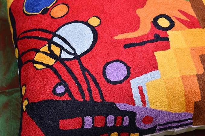 Kandinsky Contemporary Throw Pillow Cover - Heavy Red Space Modern Cushion | Abstract Throw Pillows | Contemporary Pillow | Abstract Chair Cushions | Hand Embroidered Cushion | Wool Size 18x18-Ruum Studio Home