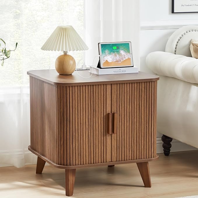 Farmhouse Square End Table with Charging Station, 24" Large Fluted Sofa Side Table with Sliding Tambour Door and Storage, Rustic Curved Wood Nightstand for Living Room, Bedroom, Walnut-Ruum Studio Home