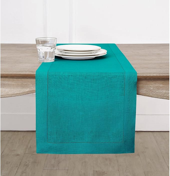 Solino Home Linen Teal Table Runner 132 Inches Long - 100% Pure Linen Extra Long Table Runner 14 x 132 Inch for Fall, Autumn - Classic Hemstitch-Ruum Studio Home