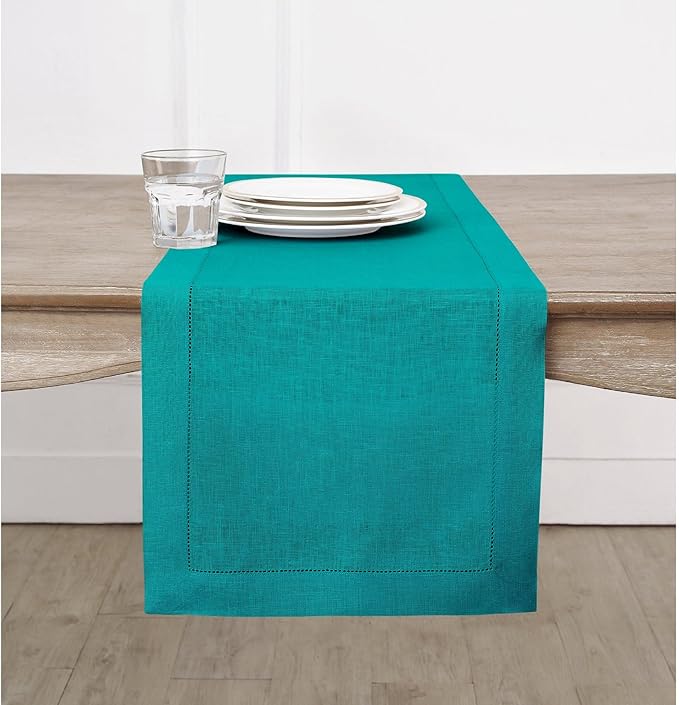 Solino Home Linen Teal Table Runner 144 Inches Long - 100% Pure Linen Extra Long Table Runner 14 x 144 Inch for Fall, Autumn - Classic Hemstitch-Ruum Studio Home