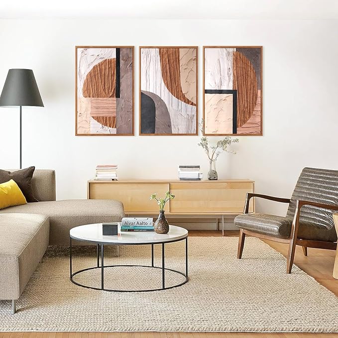 Aurlan Neutral Abstract Oval Rectangular Framed Wall Art(16"x24"), 3 PCS Minimalist Black Beige Brown Gray 3D Textured Canvas Artwork, Large Modern Geometric Illustration Art Wall Decor for Office Living Room Bedroom-Ruum Studio Home