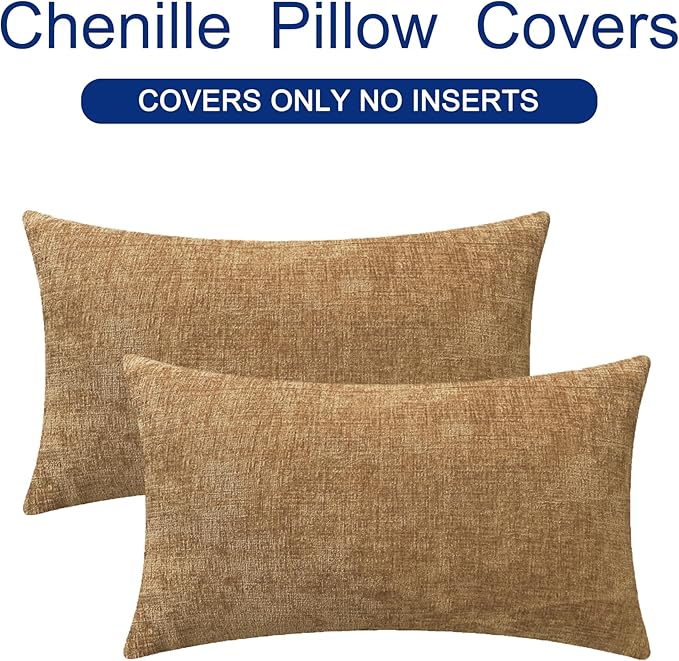 CaliTime Throw Pillow Covers Decorative 12 X 20 Inches Pack of 2 Cozy Chenille Cushion Cases for Couch Sofa Bed Living Room Home Apricot Brown-Ruum Studio Home