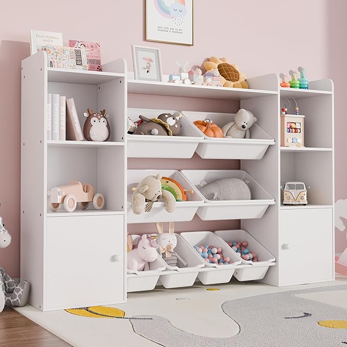 Xilingol Kids Toy Storage Organizer W/8 Removable Toy Bins, 4-Tier Toy Organizers W/6 Storage Cubbies, Kid Bookshelf and Toy Storage for Playroom, Bedroom, Kids Room, Classroom-Ruum Studio Home