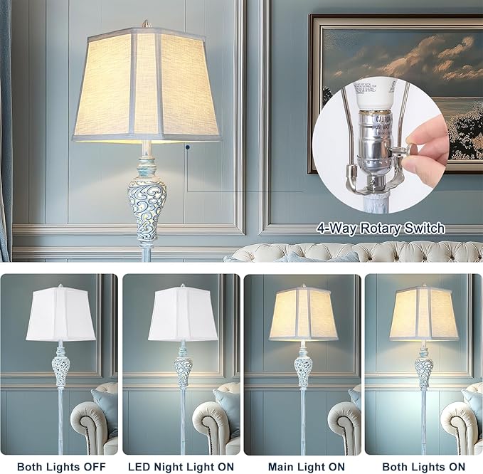 Vintage Floor Lamp with Nightlight, 65" Retro Standing Lamp with White Linen Shade, Washed Blue Finish Farmhouse Style Design Tall Lamp Decor for Living Room Bedroom Study Home Corner (Bulb Included)-Ruum Studio Home